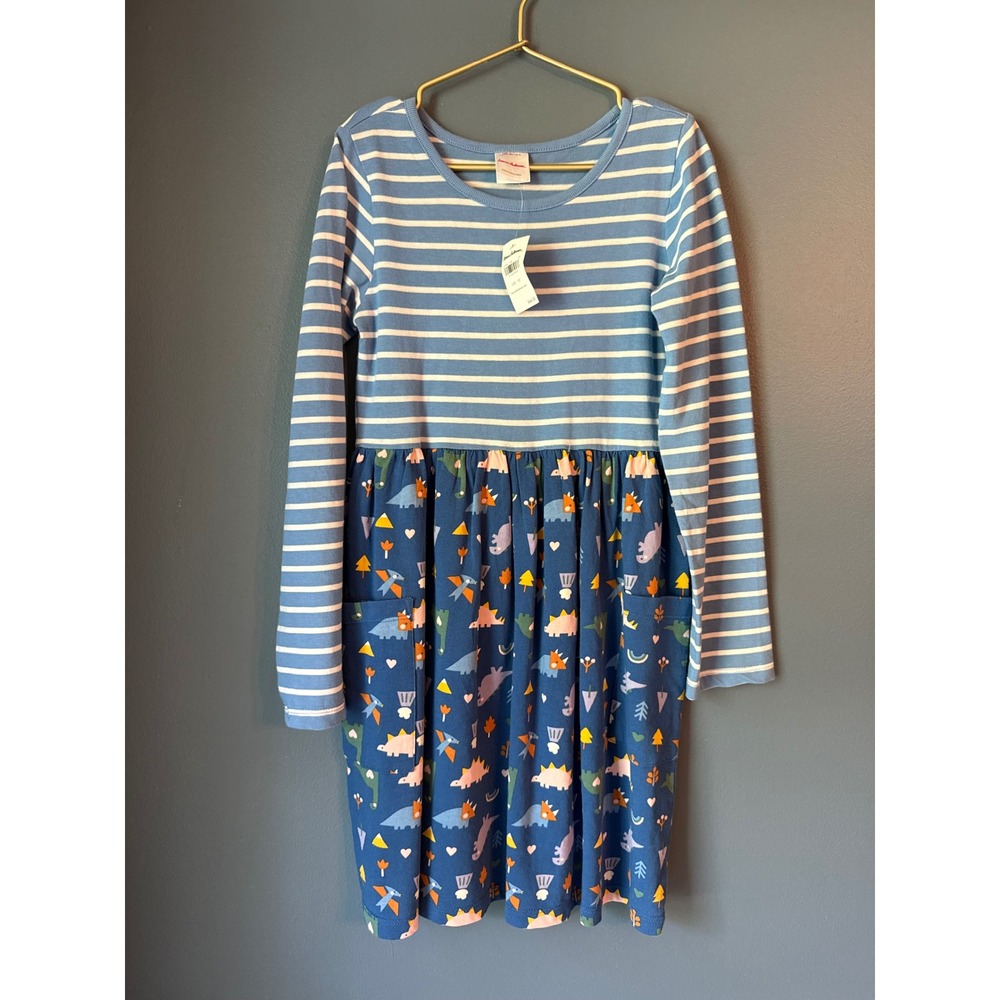 NWT Hanna Andersson Girls Blue Striped Dinosaur Long Sleeve Dress Size 130 US 8
